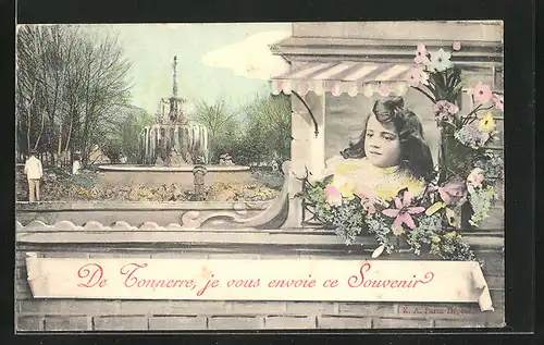 AK Tonnerre, Brunnen im Park, Mädchen mit Blumen