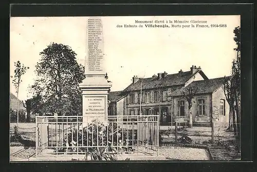 AK Villebougis, Monument élevé à la Mémoire Glorieuse des Enfants