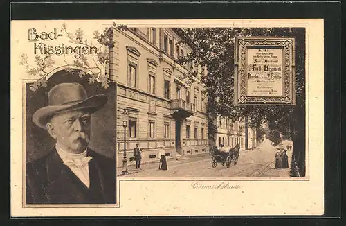 AK Bad Kissingen, Bismarckstrasse mit Pferdekutsche, Porträtbild von Bismarck