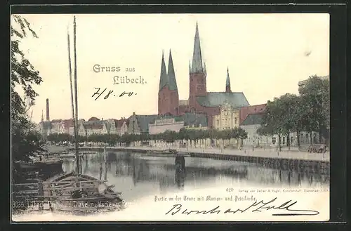 AK Lübeck, Partie an der Trave mit Marien-u. Petrikirche