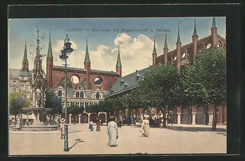 AK Lübeck, Marktplatz mit SIegesbrunnen u. Rathaus