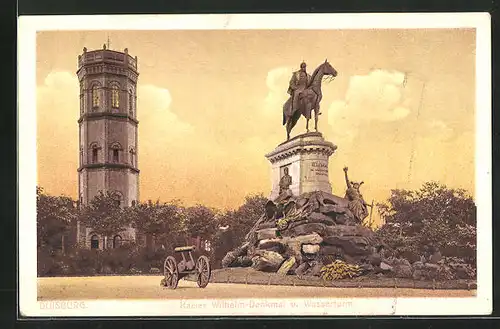 AK Duisburg, Kaiser Wilhelm-Denkmal mit Wasserturm am frühen Abend