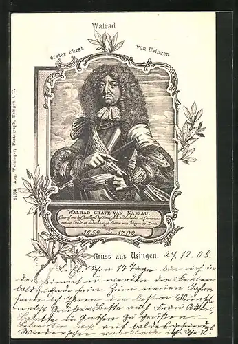 Künstler-AK Usingen, Portrait Walrad Grave von Nassau, erster Fürst der Stadt