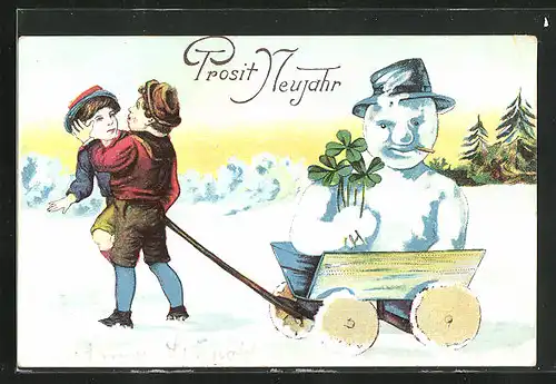 AK zwei Buben ziehen einen Schneemann in einem Holzwagen