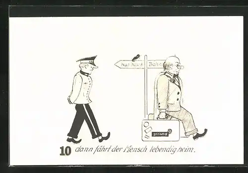 AK Dann fährt der Mensch lebendig heim., Beamter und Kurgast am Wegweiser zum Bahnhof