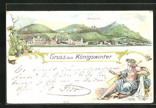 Lithographie Königswinter, Stadtpanorama, Neptun sitzt auf einem Felsen