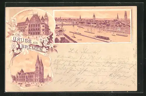 Lithographie Bremen, Dom, Gerichtsgebäude, Gesamtansicht