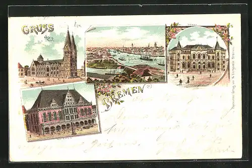 Lithographie Bremen, Rathaus, Dom, Börse