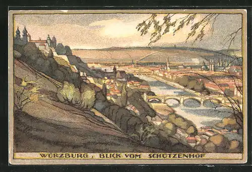 Steindruck-AK Würzburg, Panoramablick vom Schützenhof