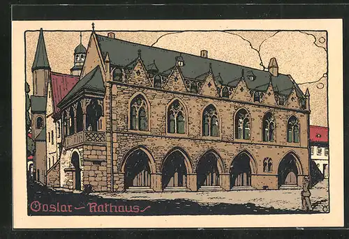 Steindruck-AK Goslar / Harz, am Rathaus