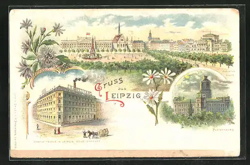 Lithographie Leipzig, Geschäftshaus S. Gottlieb in der Nordstrasse, Pleisenburg, Augustusplatz