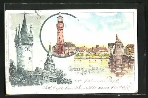 Lithographie Lindau / Bodensee, Hafeneinfahrt mit Leuchtturm, Schloss