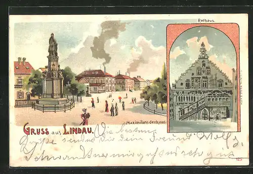Lithographie Lindau / Bodensee, Maximiliansdenkmal, Rathaus