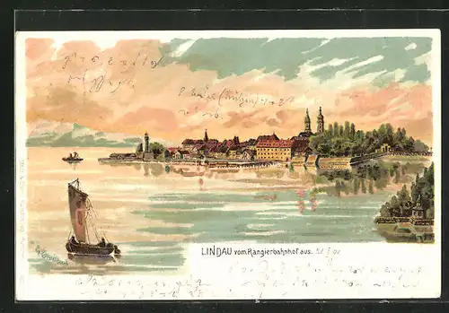 Lithographie Lindau / Bodensee, Panoramablick vom Rangierbahnhof