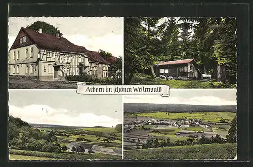 AK Arborn / Westerwald, Gasthaus zur Krone, Waldhütte, Ortspanorama