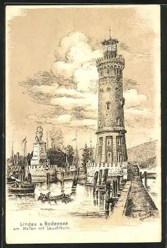 Künstler-AK Lindau / Bodensee, Leuchtturm im Hafen