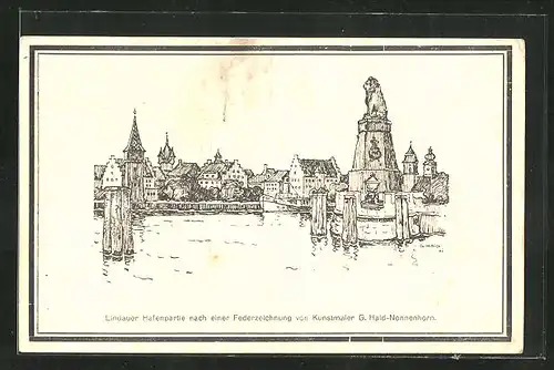 Künstler-AK Lindau / Bodensee, Hafenpartie