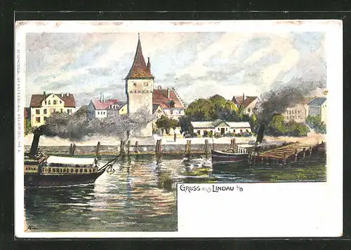 Künstler-AK Lindau / Bodensee, Teilansicht mit Turm am Ufer