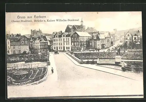 AK Herborn, Oberer Stadtteil mit Brücke und Kaiser Wilhelm-Denkmal