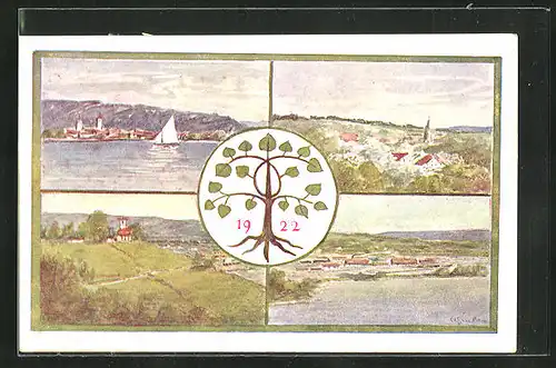 Künstler-AK Lindau / Bodensee, Mehrfachansichten der Stadt