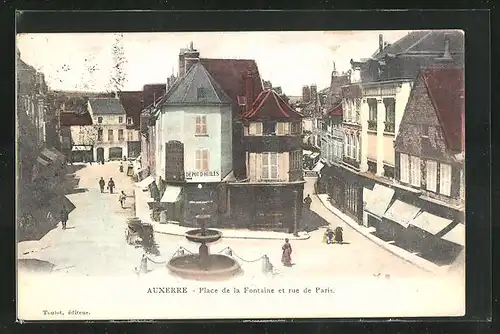 AK Auxerre, Place de la Fontaine et rue de Paris