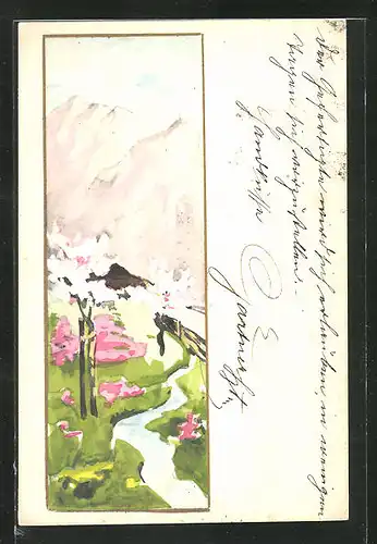 Künstler-AK Handgemalt: Bunte Blüten-Landschaft mit Berggipfel