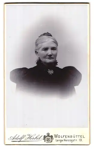 Fotografie Adolf Herbst, Wolfenbüttel, Lange Herzogstrasse 19, Portrait ältere Dame mit Kragenbrosche