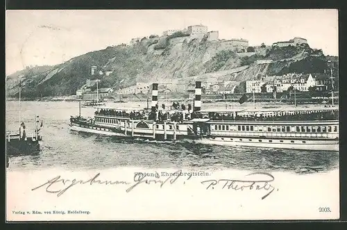 AK Koblenz, Festung Ehrenbreitstein und Dampfer