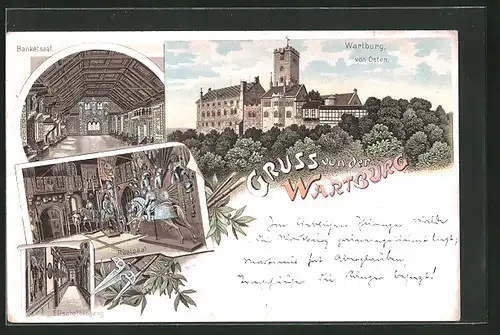 Lithographie Eisenach, Wartburg mit Innen- und Aussenansicht