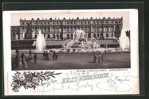 Lithographie Herrenchiemsee, Schloss-Herrenchiemsee mit flanierenden Fussgängern