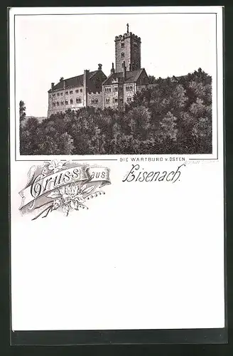 Lithographie Eisenach, Die Wartburg von Osten aus gesehen