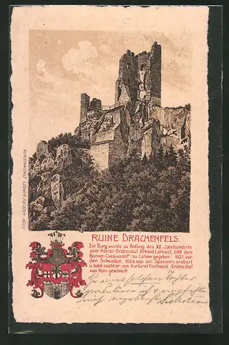 Lithographie Königswinter, Burgruine Drachenfels