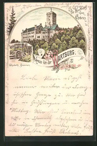 Lithographie Eisenach, Wartburg mit Elisabeth-Brunnen