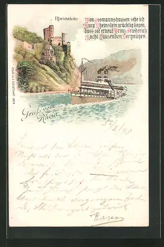 Lithographie Trechtingshausen, Burg Rheinstein mit Dampfschiff auf dem Rhein