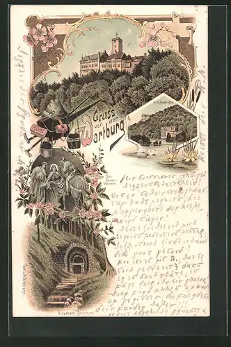 Lithographie Eisenach, Wartburg mit Rosenwunder und Fritz-Reuter-Villa