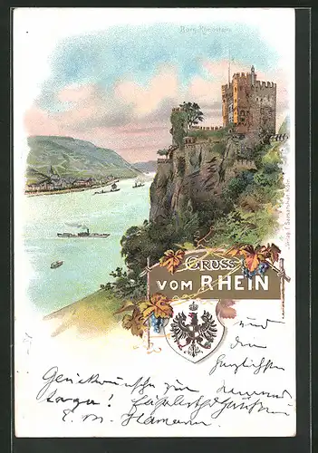 Lithographie Trechtingshausen, Burg Rheinstein mit Schiffen auf dem Rhein im Hintergrund
