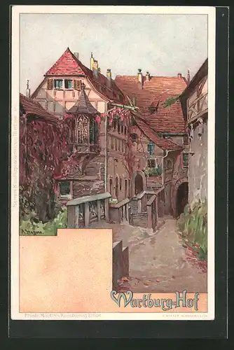 Lithographie Eisenach, Innenhof der Wartburg