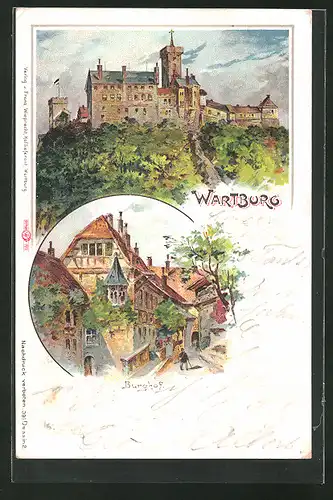 Lithographie Eisenach, Wartburg mit Burghof