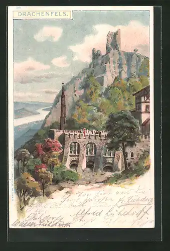 Lithographie Königswinter, Burgruine Drachenfels