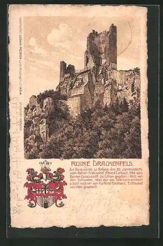 Lithographie Königswinter, Burgruine Drachenfels