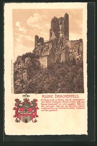 Lithographie Königswinter, Burgruine Drachenfels
