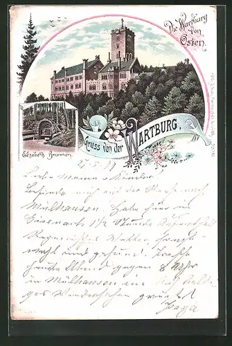 Lithographie Eisenach, Wartburg von Osten aus gesehen mit Elisabeth-Brunnen