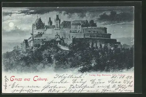Mondschein-AK Coburg, Die Veste Coburg aus der Ferne im Mondschein