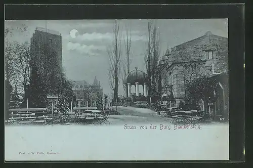 Mondschein-AK Hattingen, Burg Blankenstein im Mondschein