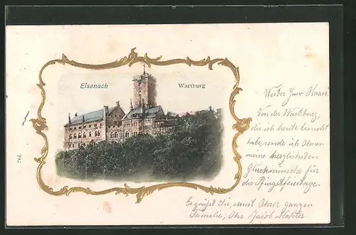 AK Eisenach, Die Wartburg aus der Ferne im goldenen Rahmen