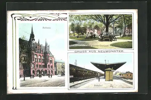 AK Neumünster, Drei Kaiser-Denmal, Bahnhof, Rathaus