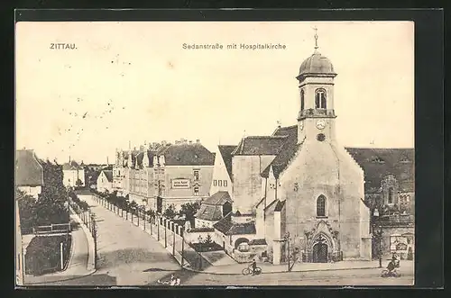 AK Zittau, Sedanstrasse mit Hospitalkirche
