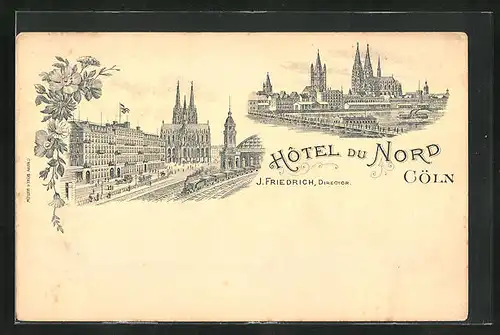 Lithographie Köln, Hôtel du Nord und Eisenbahn, Ortspartie mit Kirche