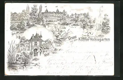 Lithographie Köln-Neustadt, Kölner Volksgarten, Teilansicht mit Fontäne, Paar im Boot Amor, Haus am Bootsteich