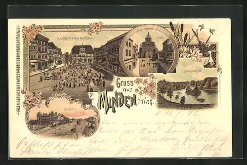 Lithographie Minden i /Westf., Marktplatz mit Rathaus, Bahnhof, Schwanenteich
